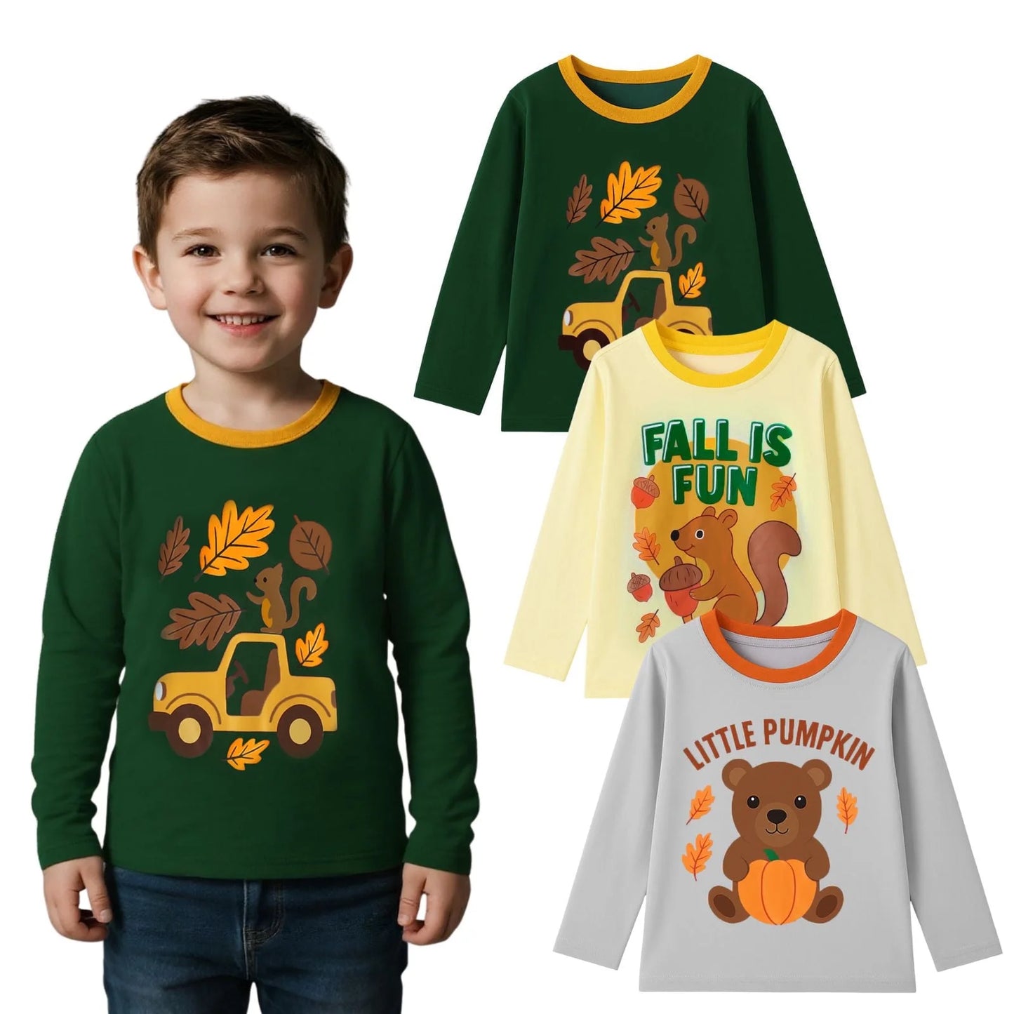 HILEELANG Toddler Boys（2Y-7Y) Shirt Halloween 3-Pack Squirrel Pumpkin Graphic Long-Sleeve Tees Winter Cotton Casual Crewneck T-Shirts