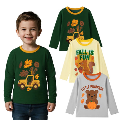 HILEELANG Toddler Boys（2Y-7Y) Shirt Halloween 3-Pack Squirrel Pumpkin Graphic Long-Sleeve Tees Winter Cotton Casual Crewneck T-Shirts
