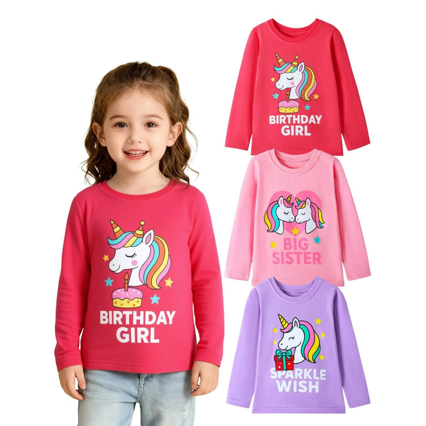 HILEELANG Toddler Girls Long Sleeve T Shirts Unicorn 3 Pack – 100% Cotton Casaul Birthday Girl Sparkle Wish Fall Winter Everyday Wear Kids Layering & Play Tops