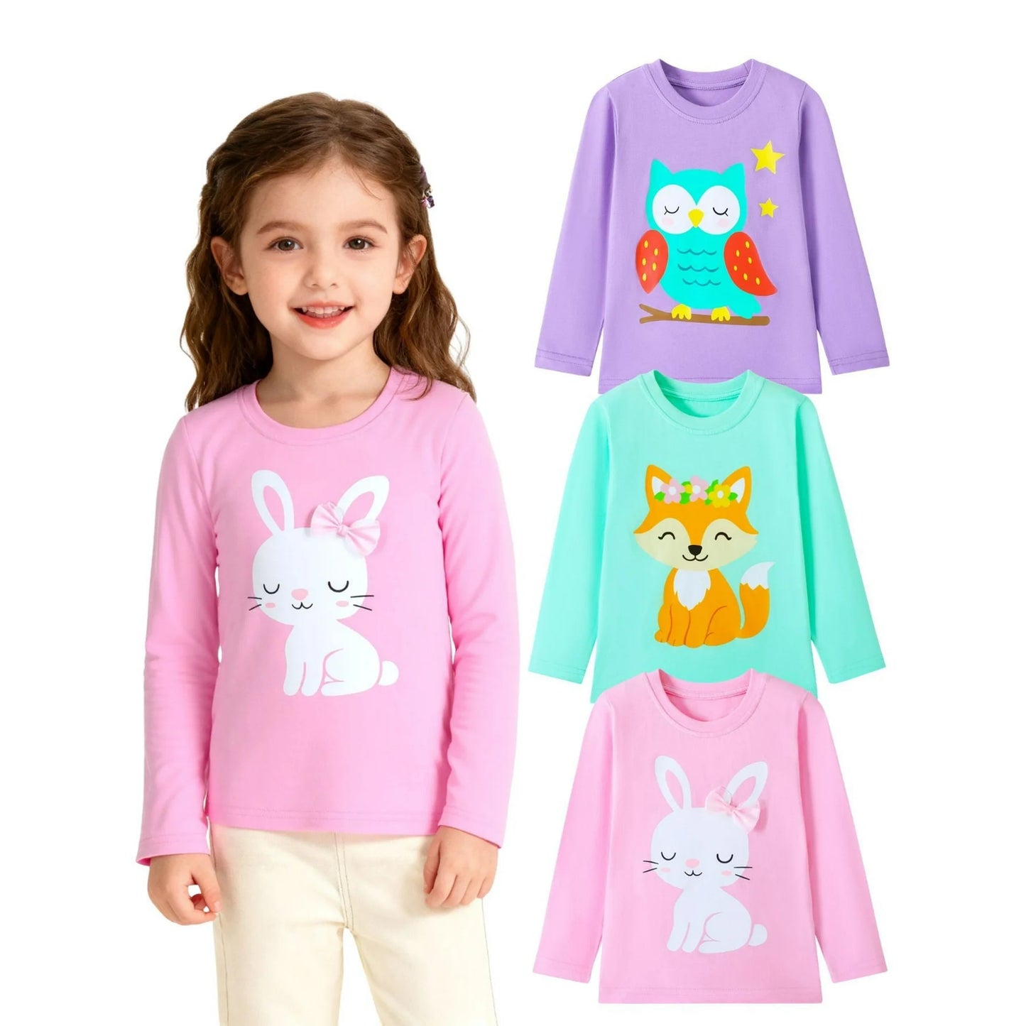 HILEELANG Toddler Girls Long Sleeve T Shirts 3 Pack – 100% Cotton Casaul Pink Blue Purple Bunny Fox Owl Cute Graphic Tees for Fall Winter Everyday Layering & Play