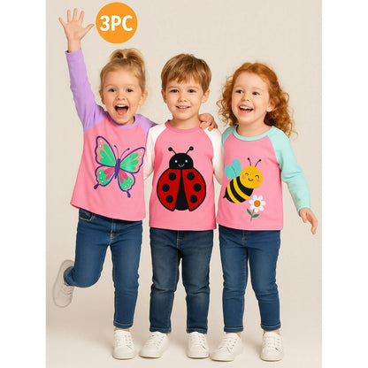 HILEELANG Toddler Girls Long Sleeve Raglan T Shirts 3 Pack – Pink Purple Butterfly, Pink White Ladybug, Pink Mint Bee – 100% Cotton Graphic Tops for Kids