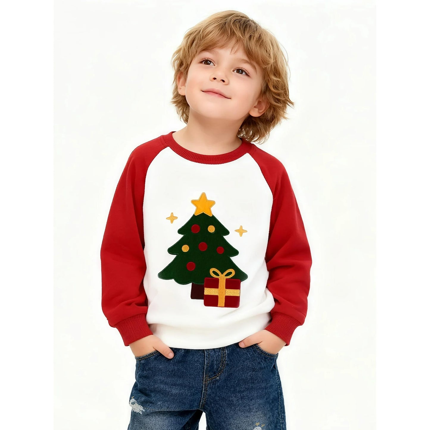HILEELANG Kids Christmas Sweatshirt, Cotton Pullover Top with Christmas Tree Appliqué, Unisex Holiday Long Sleeve Shirt for Toddler Boys Girls