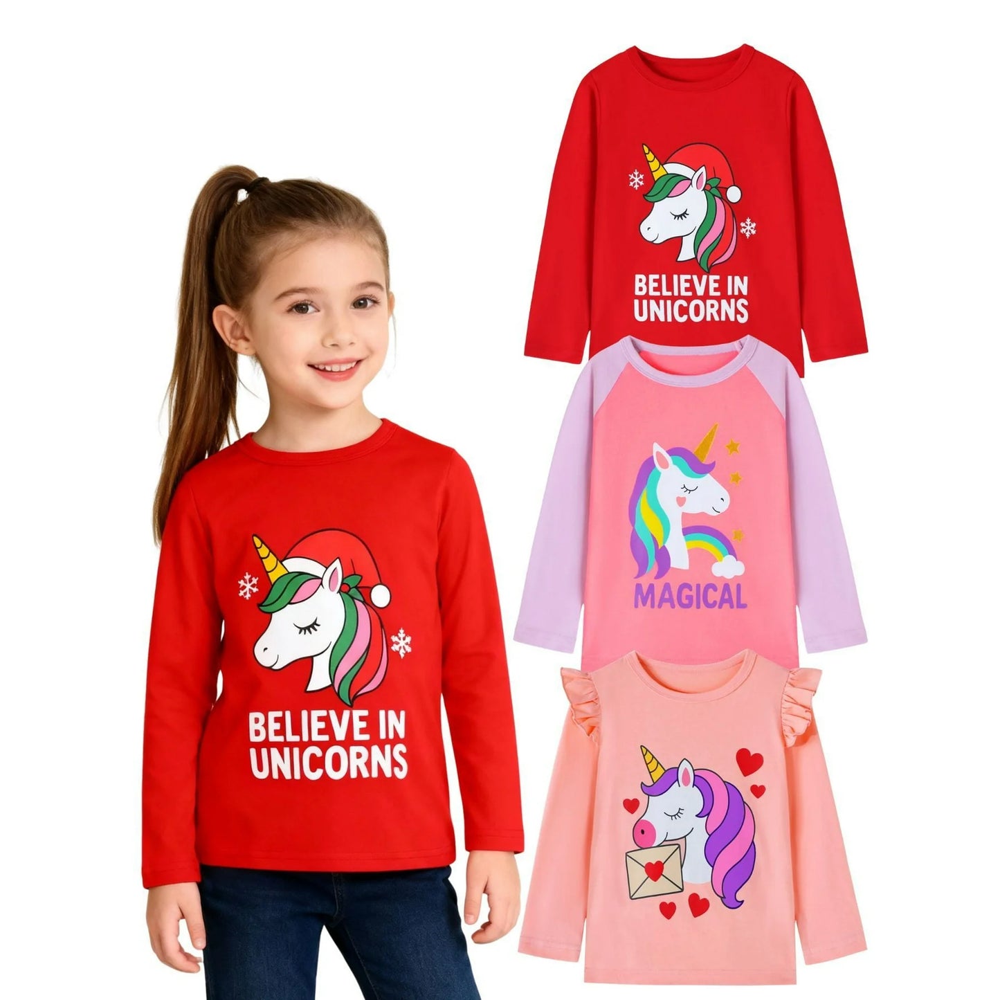HILEELANG Toddler Girls Long Sleeve Unicorn T Shirts 3 Pack Christmas Red Unicorns Pink Purple Peach Ruffle Love Unicorn – 100% Cotton Fall Winter Kids Tops