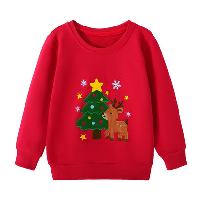 HILEELANG Kids Christmas Sweatshirt, Cotton Pullover Holiday Top with Reindeer and Tree Appliqué, Unisex Toddler Boys Girls Xmas Shirt