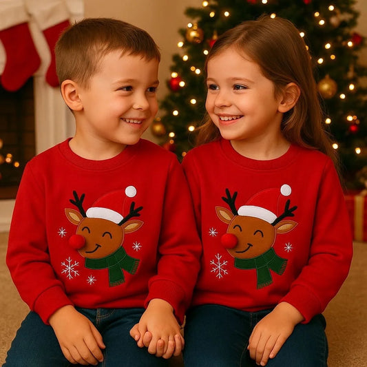 HILEELANG Kids Christmas Sweatshirt, Cotton Pullover Top with Reindeer Appliqué, Unisex Holiday Long Sleeve Shirt for Toddler Boys Girls