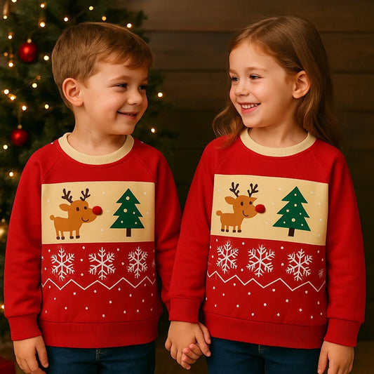 HILEELANG Kids Christmas Sweatshirt, Cotton Pullover Top with Reindeer and Tree Print, Unisex Holiday Long Sleeve Shirt for Toddler Boys Girls