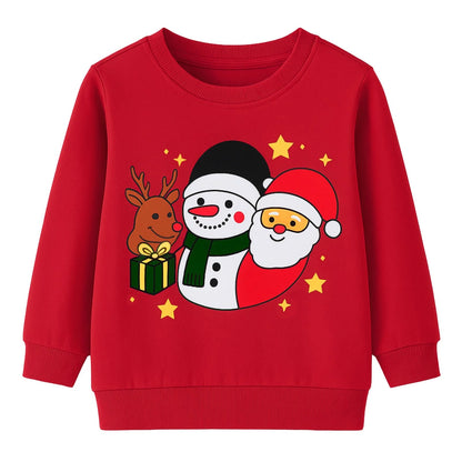 HILEELANG Kids Christmas Sweatshirt, Cotton Pullover Holiday Top with Santa Claus, Snowman and Reindeer Print, Unisex Long Sleeve Shirt for Toddler Boys Girls
