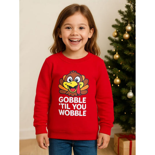 HILEELANG Kids Thanksgiving Sweatshirt, Cotton Pullover Top with Turkey Print Gobble Til You Wobble, Unisex Fall Holiday Long Sleeve Shirt for Toddler Boys Girls