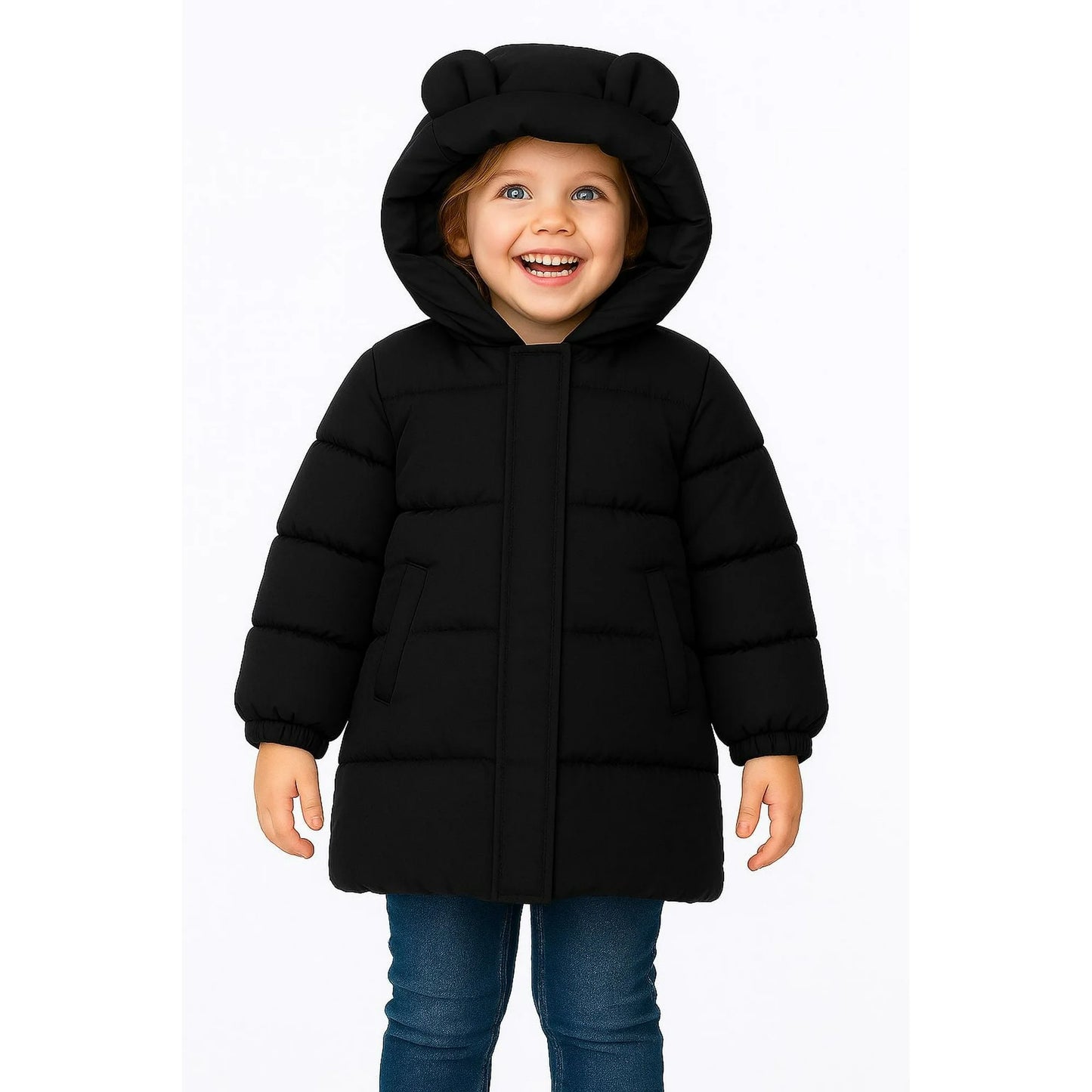 HILEELANG Kids Black Mid-Length Puffer Coat – Thick Quilted Winter Jacket with Bear Ear Hood, Warm Insulated Outerwear for Boys & Girls