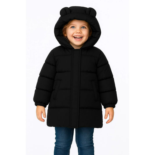 HILEELANG Kids Black Mid-Length Puffer Coat – Thick Quilted Winter Jacket with Bear Ear Hood, Warm Insulated Outerwear for Boys & Girls