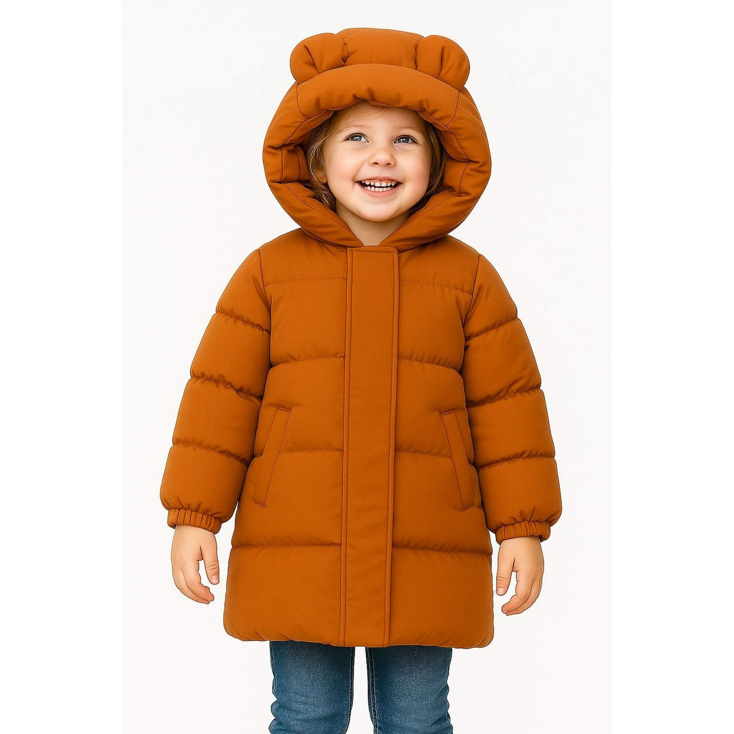 HILEELANG Toddler Kids Caramel Brown Mid-Length Puffer Coat – Warm Quilted Winter Jacket with Bear Ear Hood for Boys & Girls