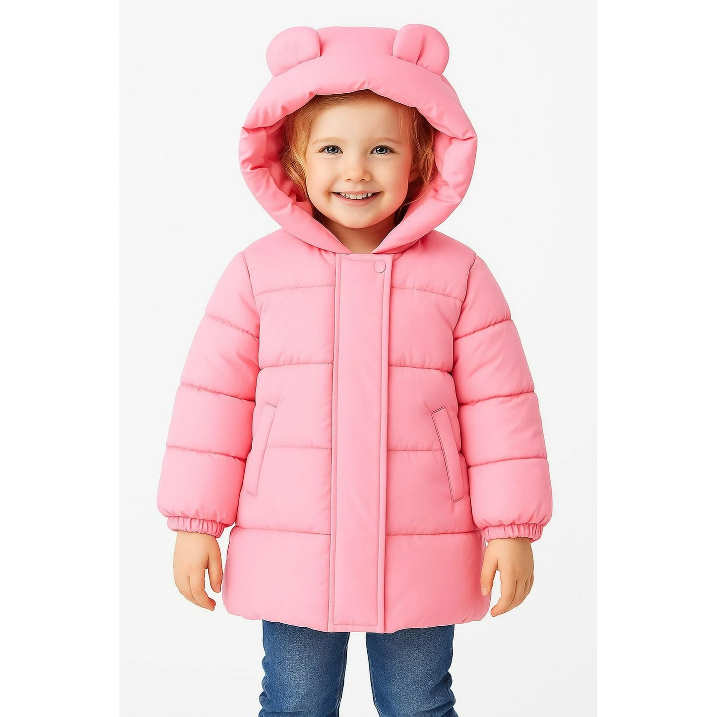HILEELANG Girls Light Pink Mid-Length Puffer Coat – Warm Quilted Winter Jacket with Cute Bear Ear Hood, Lightweight Padded Outerwear for Kids