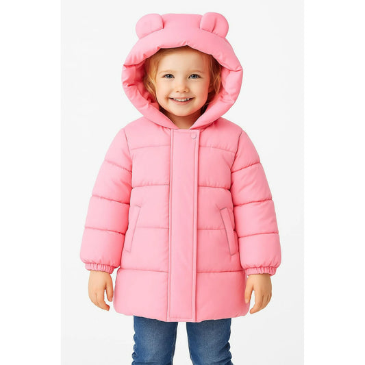 HILEELANG Girls Light Pink Mid-Length Puffer Coat – Warm Quilted Winter Jacket with Cute Bear Ear Hood, Lightweight Padded Outerwear for Kids