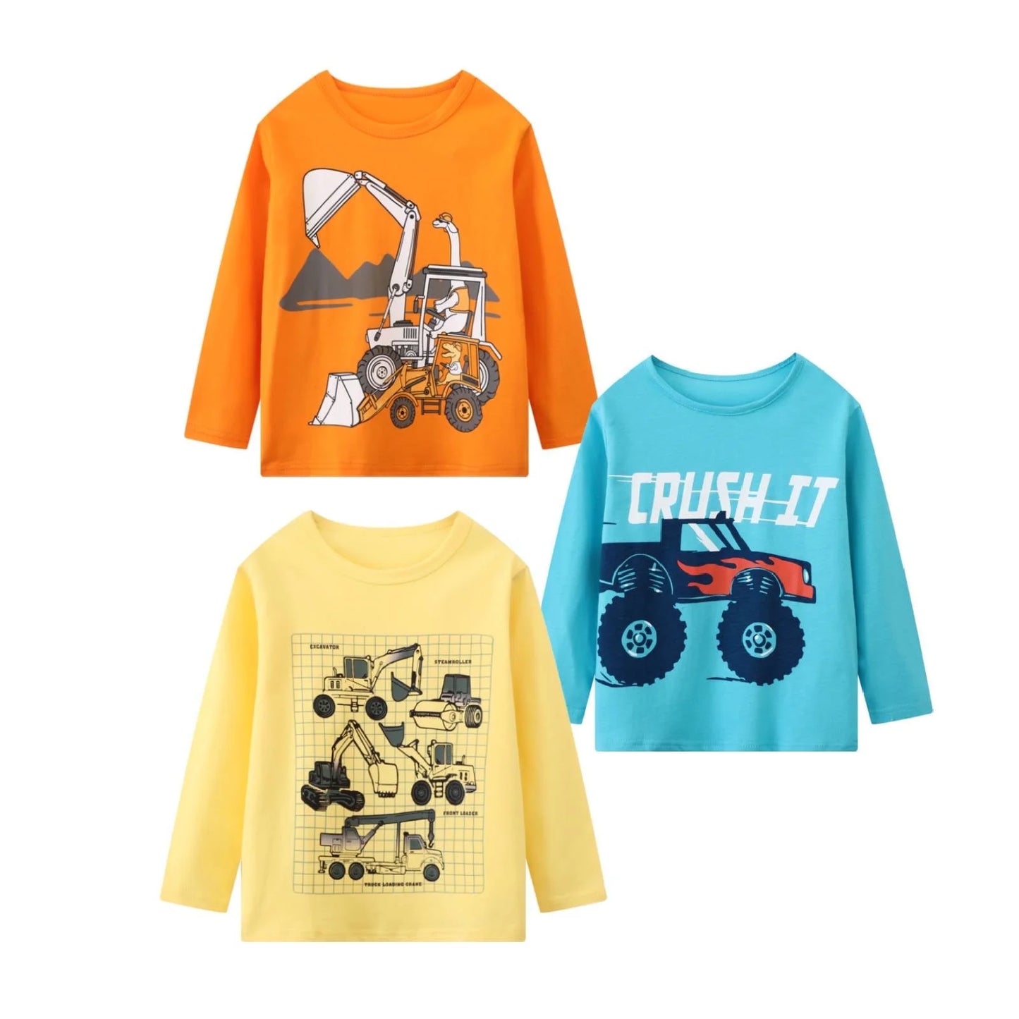 HILEELANG Toddler Boys' Long Sleeve Tee Shirt Christmas Cotton Casual Crewneck Excavator Graphic Tops T-Shirts Yellow Blue 3 Packs