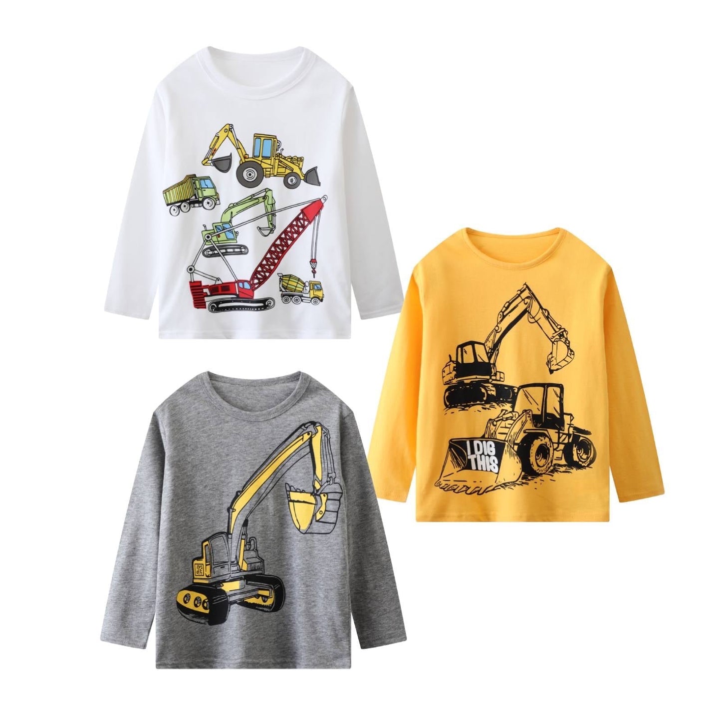 HILEELANG Toddler Boys' Long Sleeve Tee Shirt Christmas Cotton Casual Crewneck Excavator Graphic Tops T-Shirts Yellow Gray White 3 Packs