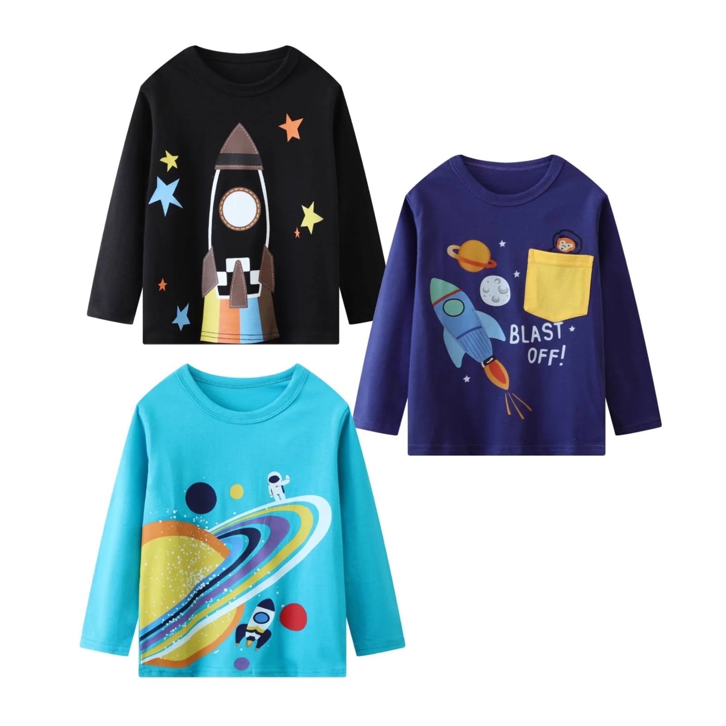 HILEELANG Toddler Boys' Long Sleeve Tee Shirt Christmas Cotton Casual Crewneck Rocket Graphic Tops T-Shirts Black Blue 3 Packs