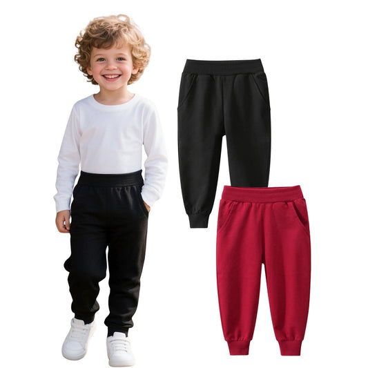 HILEELANG Toddler Boys' Sweatpants Cotton Joggers 2-Pack Pull on Black Wine Playwear Sport Athletic Pants