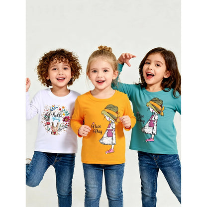HILEELANG Toddler Girls' Long-Sleeve Tshirts Cotton Jersey Tunic T-Shirts Graphic Winter Casual Crewneck Yellow White Tunic Tops Tee Shirts Sets 3 Pack