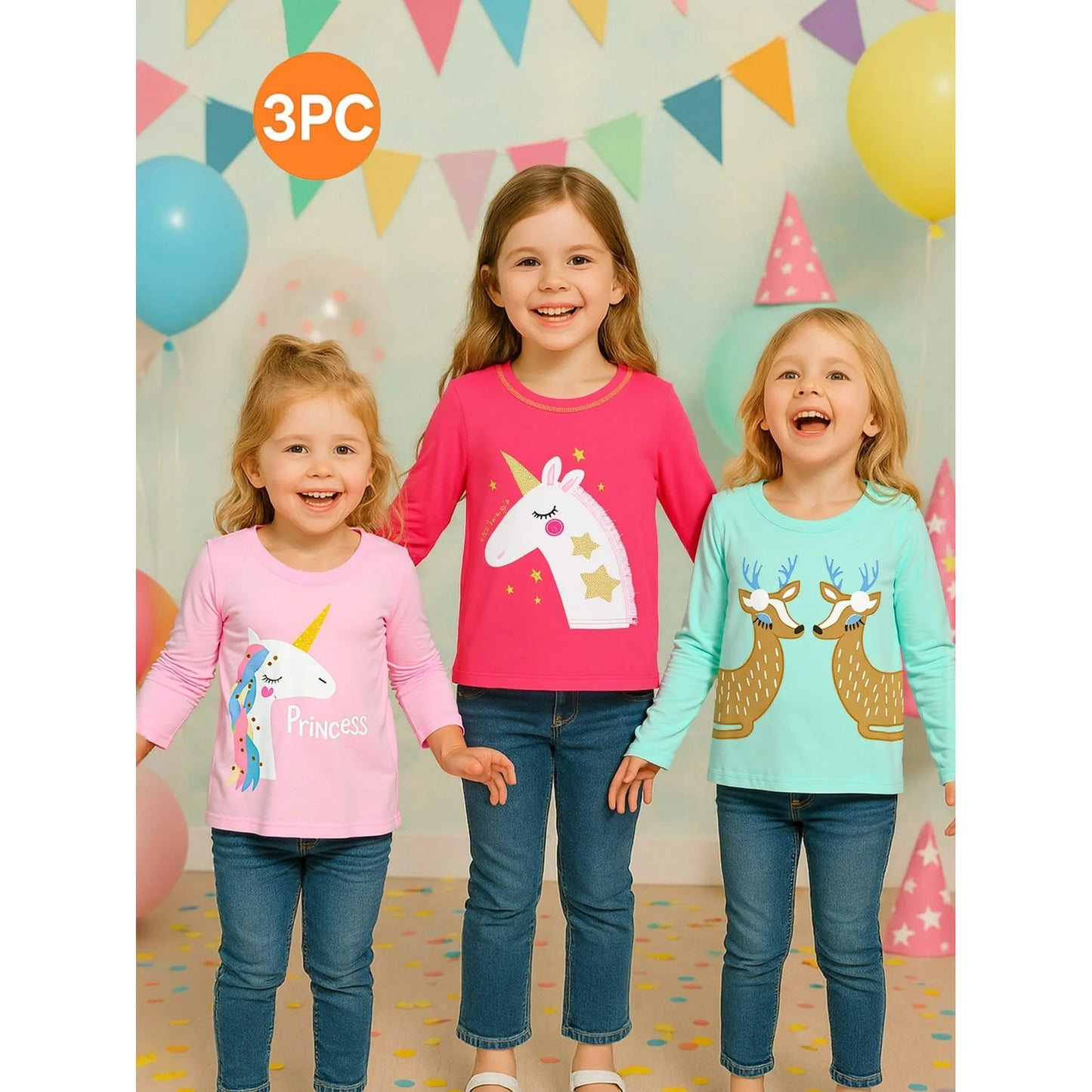 Toddler Girl Long Sleeve Tee Shirt 3 Pack Unicorn Elk Reindeer Graphic Winter Cotton Casual Crewneck T-Shirts