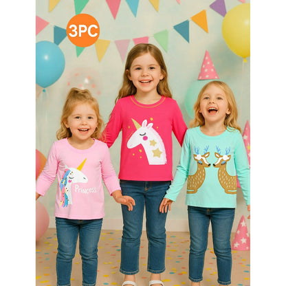 Toddler Girl Long Sleeve Tee Shirt 3 Pack Unicorn Elk Reindeer Graphic Winter Cotton Casual Crewneck T-Shirts