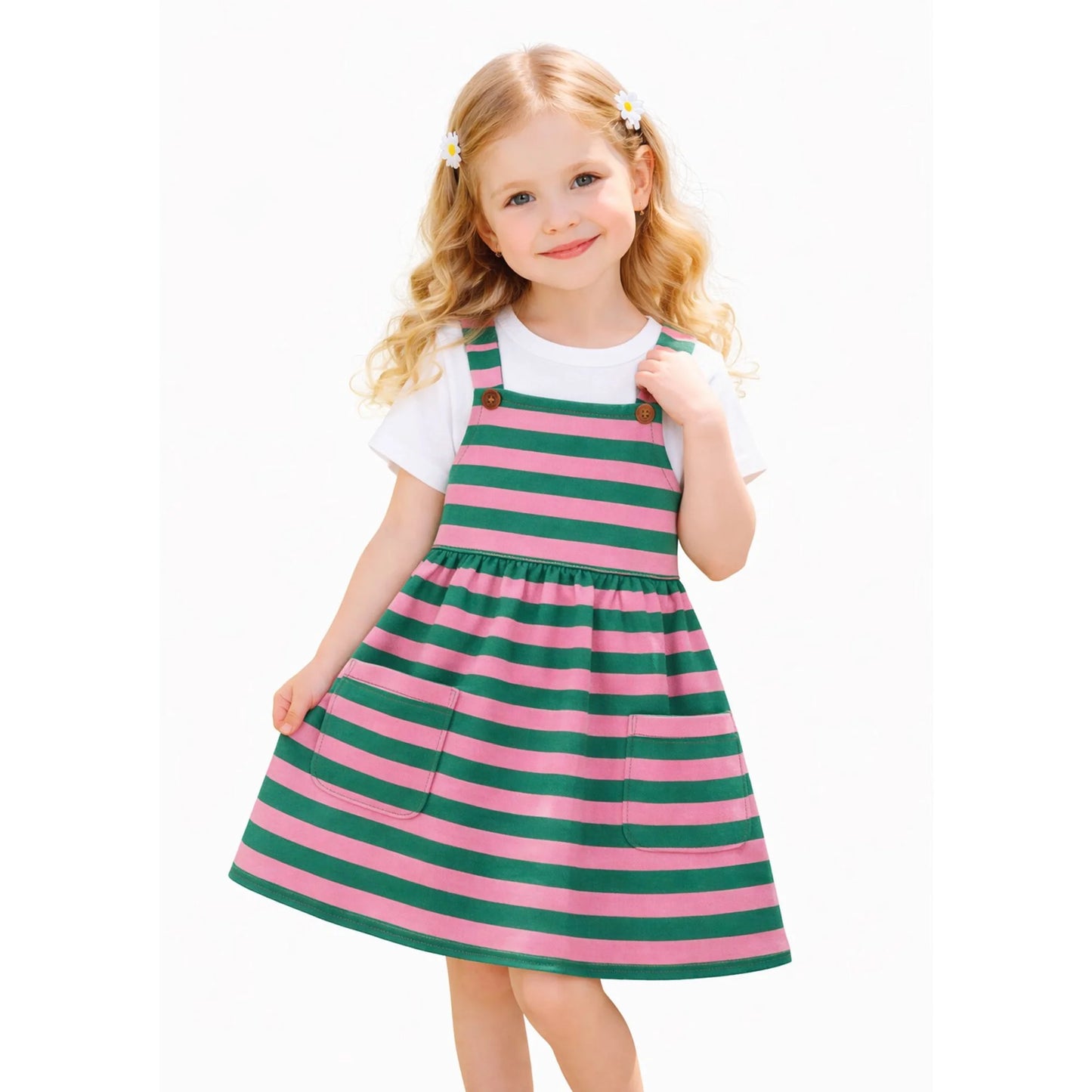 HILEELANG 2-8T Toddler/Little Girls Green Pink Stripe 100% Cotton Dress