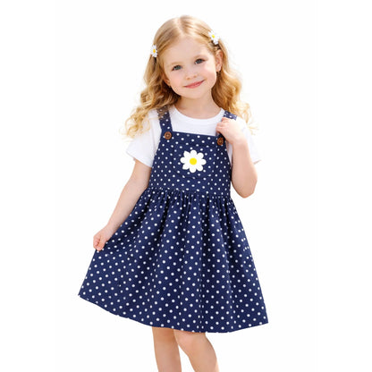 HILEELANG 2-8T Toddler/Little Girls Navy White Polka Dot Daisy 100% Cotton Dress