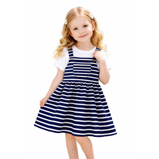 HILEELANG 2-8T Toddler/Little Girls Navy Ivory Stripe 100% Cotton Dress