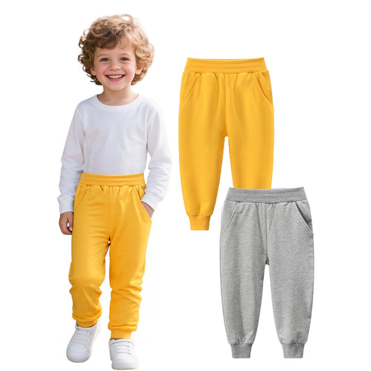 HILEELANG Toddler Kids Boy Girl Pants 2-Pack Set Jogger Sweatpants Jogger Pant Pure Yellow Grey Active Sport Trousers