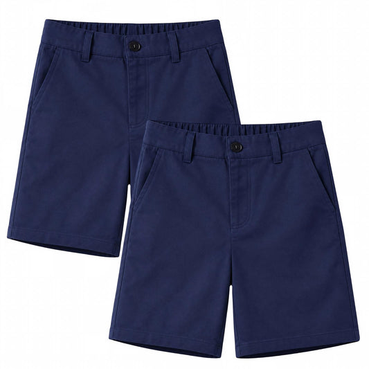 HILEELANG 5-15 Years Boys School Uniform Shorts 2 Pack Flat Front Twill Chino Shorts with Real Pockets Zipper Fly & Belt Loops Navy Blue