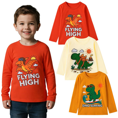 HILEELANG Toddler Boys（2Y-7Y) Shirt 3-Pack Dinosaurs Graphic Long-Sleeve Tees Winter Cotton Casual Crewneck T-Shirts