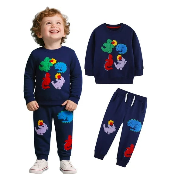 HILEELANG Toddler Boys（2-7Y) 2-Piece Outfit Set,3D Appliqué Dinosaur Patch Sweatshirt and Jogger Pants, Cozy Fall Spring Tracksuit
