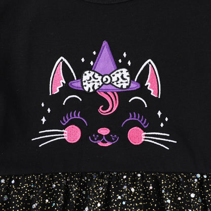 HILEELANG Toddler Girls Halloween Dress 2–7Y, Long Sleeve Pumpkin Ghost Black Cat Print Tulle Skirt with Witch Hat