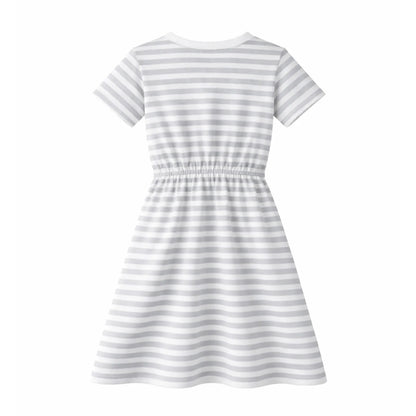 HILEELANG 4–13 Little/Big Girls Gray White Stripe V-Neck Short Sleeve Dress with Waist Tie