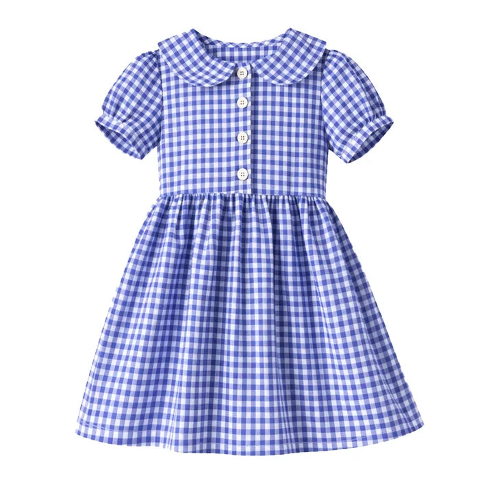 HILEELANG 3-13T Little/Big Girls Navy Gingham 100% Cotton Dress