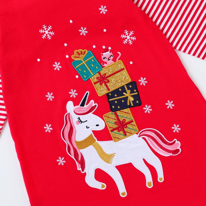 HILEELANG Toddler Girls Long Sleeve Christmas Dress Cotton Casual Red Strip Unicorn Applique Jersey Shirt Playwear Dresses