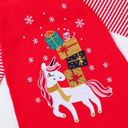 HILEELANG Toddler Girls Long Sleeve Christmas Dress Cotton Casual Red Strip Unicorn Applique Jersey Shirt Playwear Dresses