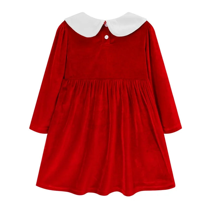 HILEELANG Toddler Girl Christmas Red Velvet Dress Long Sleeve Peter Pan Collar Elk Applique Party Dress with Hair Band