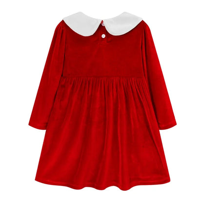 HILEELANG Toddler Girl Christmas Red Velvet Dress Long Sleeve Peter Pan Collar Elk Applique Party Dress with Hair Band