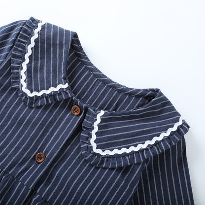 HILEELANG Baby Girls Peter Pan Collar Dress Long Sleeve Cotton Casual Navy Vertical Stripes School Playwear
