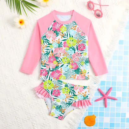 HILEELANG 3-8T Toddler/Little Girls Pink Tropical Floral Rashguard Swimsuit
