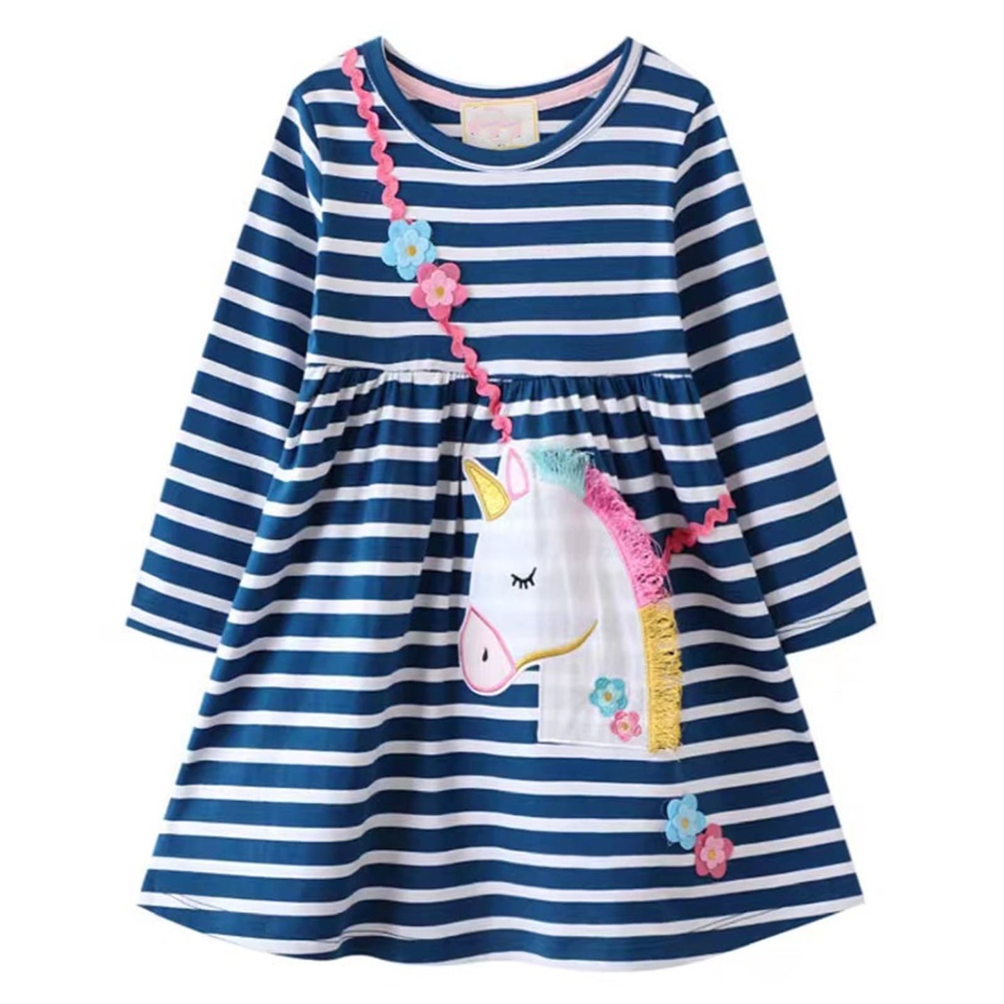 HILEELANG Toddler Girls Long Sleeved Dresses Christmas Winter Cotton Casual Cute Stripe Unicorn Cartoon Pattern Dress
