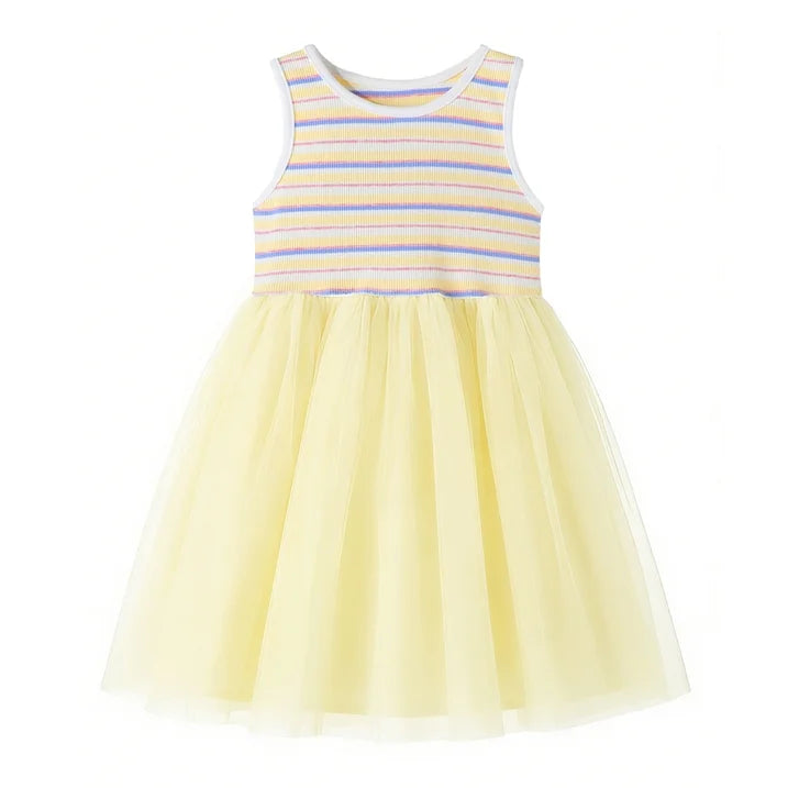 HILEELANG 2-7T Toddler Little Girls Multicolor Striped Ribbed Tulle Dress, Soft Yellow Sleeveless Summer Sundress
