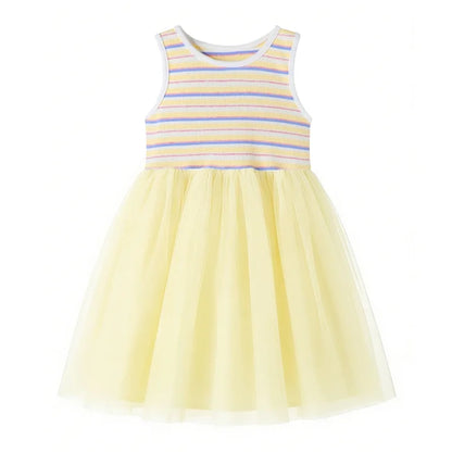 HILEELANG 2-7T Toddler Little Girls Multicolor Striped Ribbed Tulle Dress, Soft Yellow Sleeveless Summer Sundress
