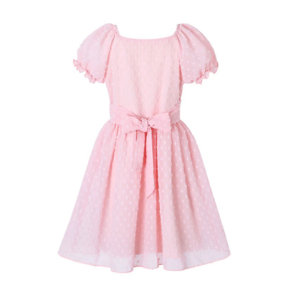 HILEELANG Girls Pink Swiss Dot Puff Sleeve Polyester Dress 4-5Y Little Girls