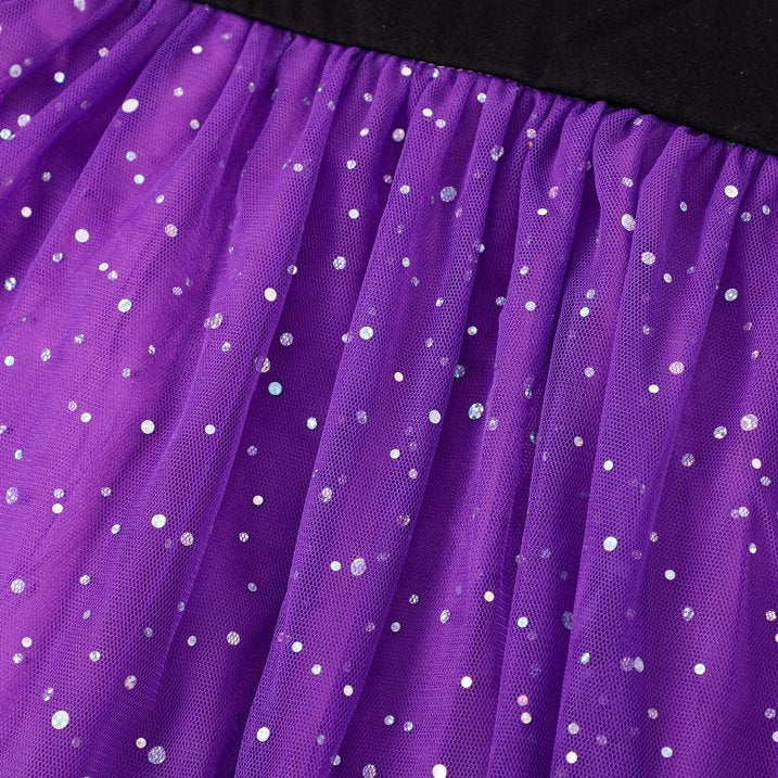 HILEELANG Toddler Girl Hallowen 2-8years old Dress Novelty Long Sleeve Black Cat Applique Purple Tulle Tutu Outfits With Witch Hat