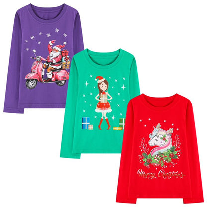 HILEELANG Toddler Girls'Christmas Long Sleeve Tee Shirt Cotton Crewneck Santa Claus Graphic Tops T-Shirts Blue Yellow Pink 3 Packs