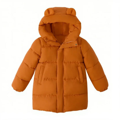 HILEELANG Toddler Kids Caramel Brown Mid-Length Puffer Coat – Warm Quilted Winter Jacket with Bear Ear Hood for Boys & Girls