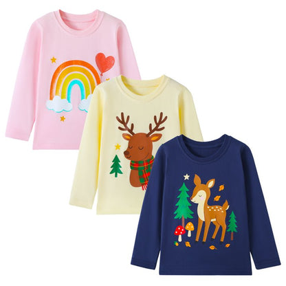 HILEELANG 2-7 Toddler/Little Girls Navy/Pink/Cream Forest Deer Rainbow Cute Spring Print 100% Cotton