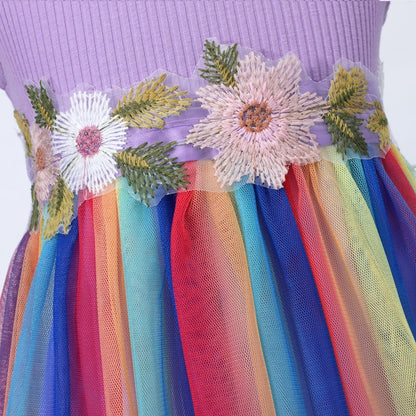 HILEELANG Toddler Little Girls Rainbow Tulle Dress, Floral Embroidered Flutter Sleeve Birthday Party Tutu Dress for Girls