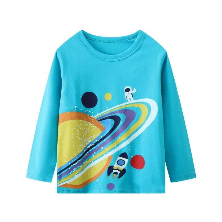 HILEELANG Toddler Boys' Long Sleeve Tee Shirt Christmas Cotton Casual Crewneck Rocket Graphic Tops T-Shirts Black Blue 3 Packs